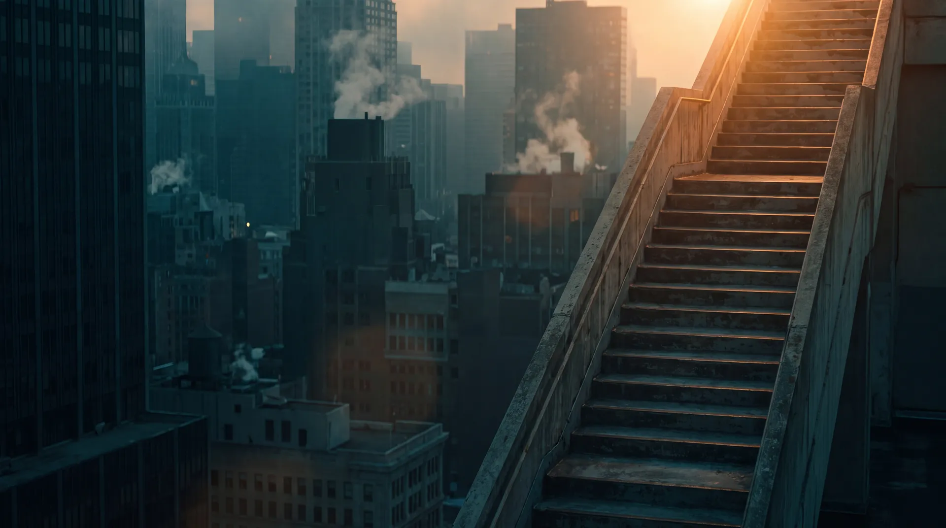 Sunrise over a city rooftop with an ascending staircase