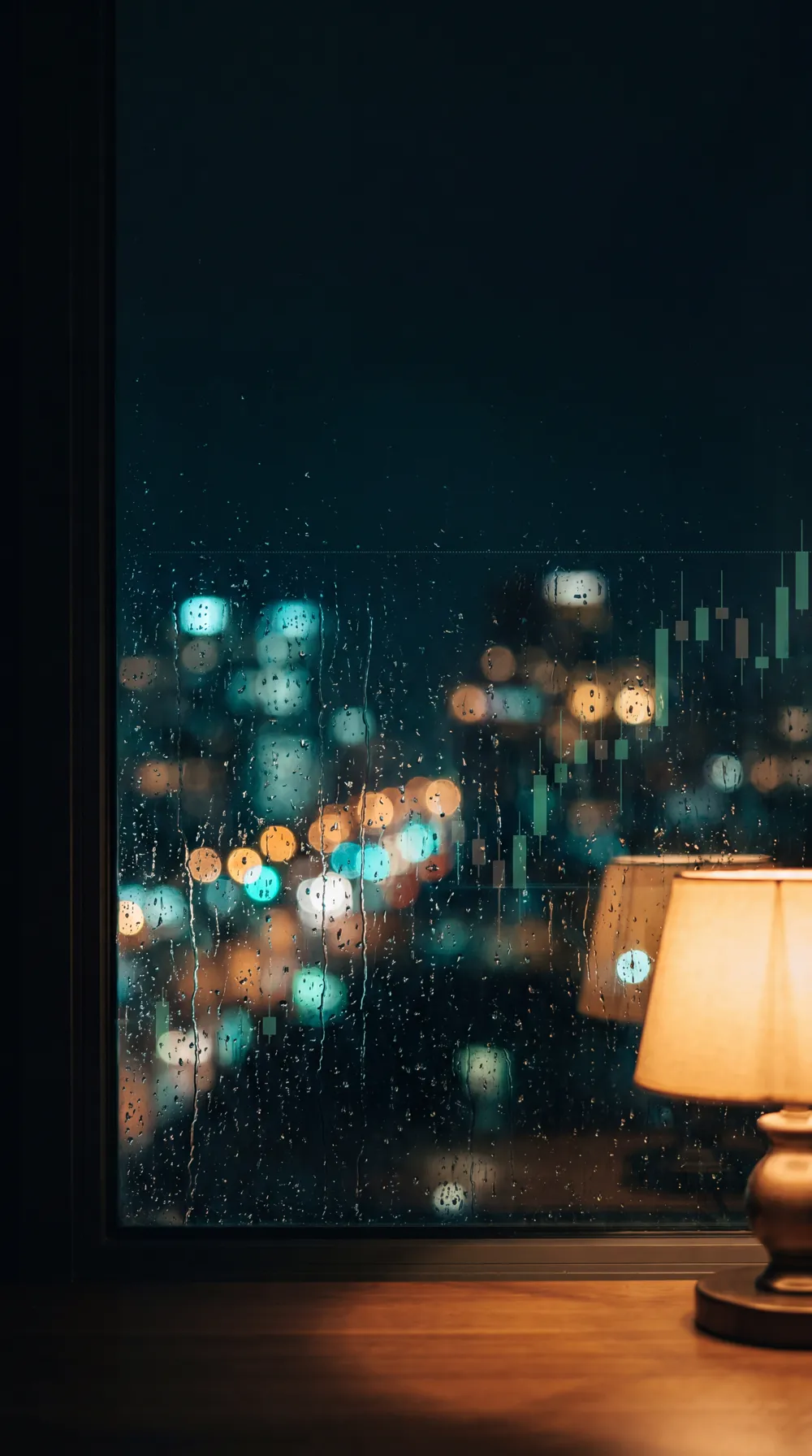 City lights through a rain-streaked window at night